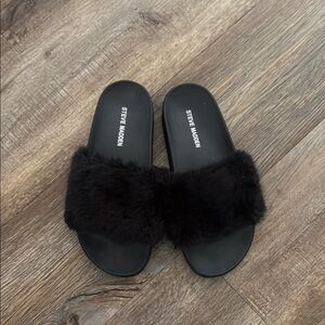 Steve Madden Black Plush Fur Slippers